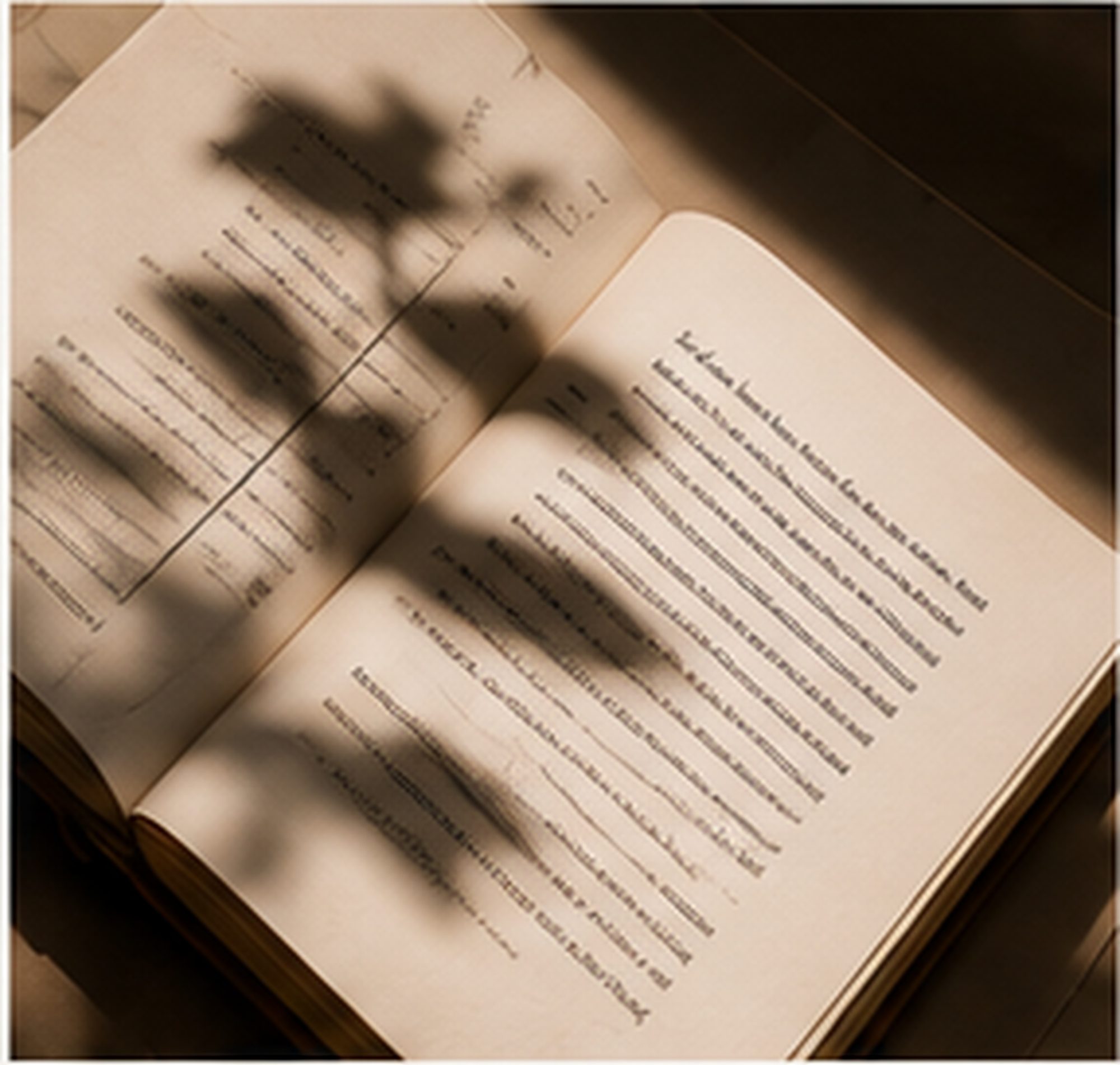 An open book in warm, dark-toned light